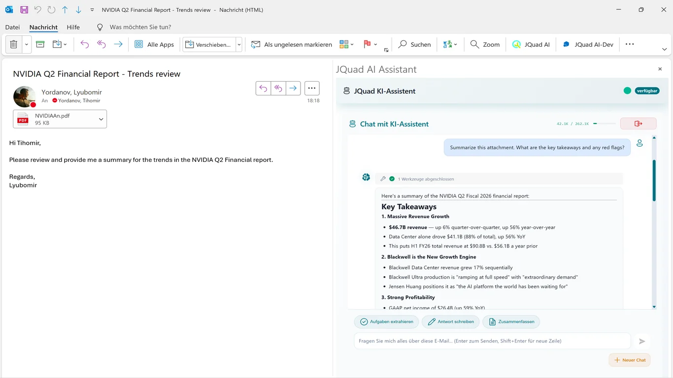 JQuad AI Assistant: PDF-Anhang lesen und zusammenfassen in Outlook