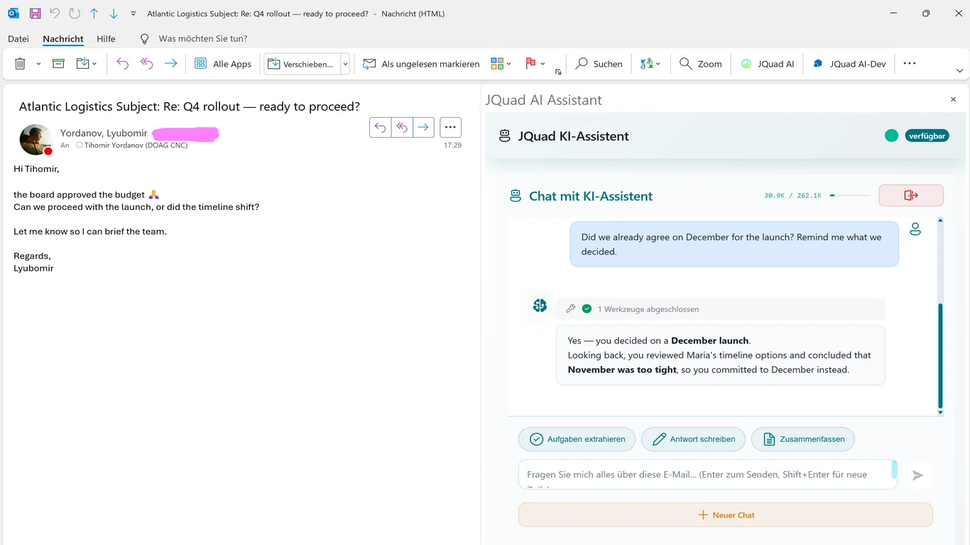 JQuad AI Assistant: Postfachübergreifendes Gedächtnis in Outlook